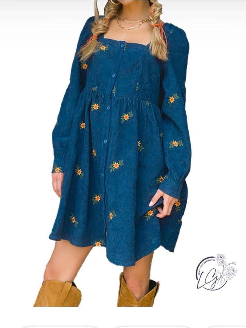 Listicle Blue Embroidered Sunflower Midi Dress